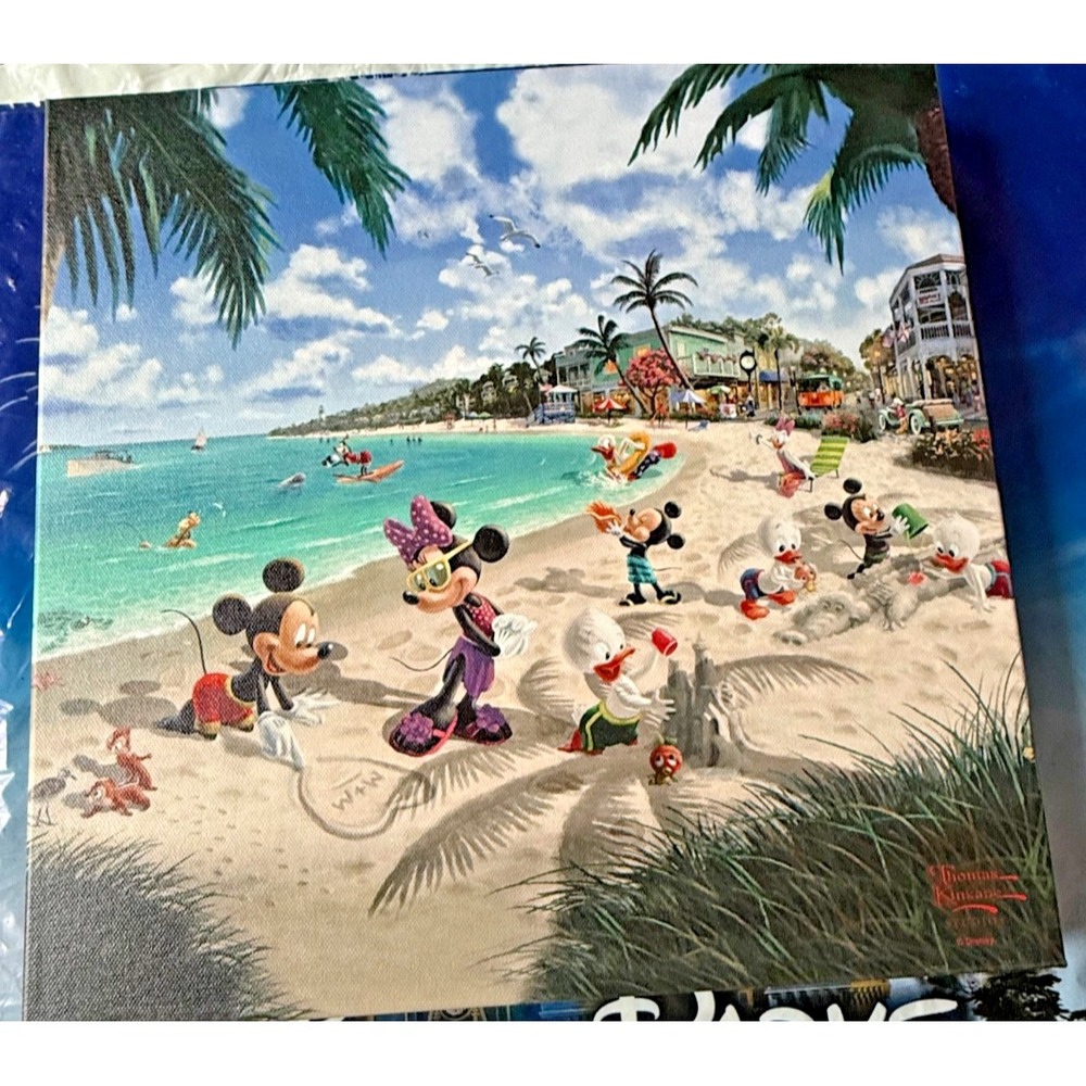 Disney Parks Mickey & Minnie Mouse Donald Canvas Thomas Kinkade 13x14" Beach